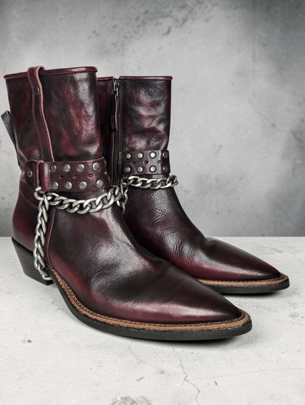 We The Free Aiden Ox Blood Maroon Leather Chain Ankle Boots Pointed Toe Size 9